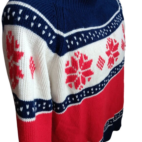 Men's Large Vintage Sweater 1970's Nordic Style Knit Snowflake Red White Blue - Picture 5 of 10